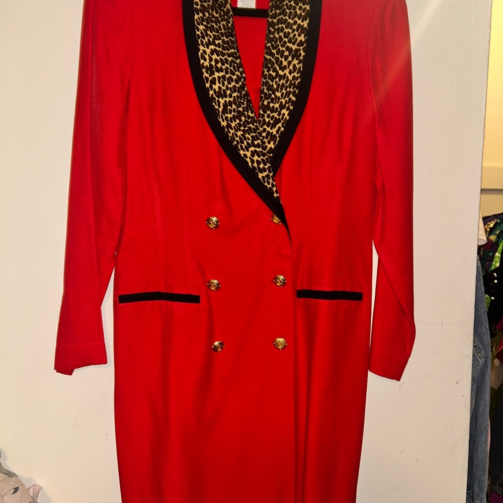 Vintage Red Blazer with Leopard Trim